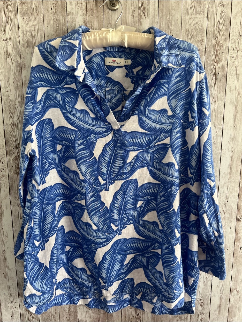 Vineyard Vines Lucaya Blue White Banana Leaf Tropical Linen Shirt Tunic Large